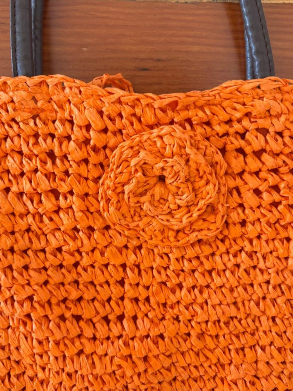 Neiman Marcus Vintage Orange Straw Rattan Flower Satchel Handbag